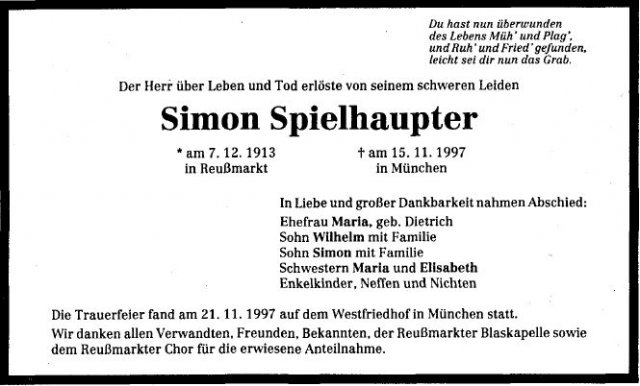 Spielhaupter Simon 1913-1997 Todesanzeige